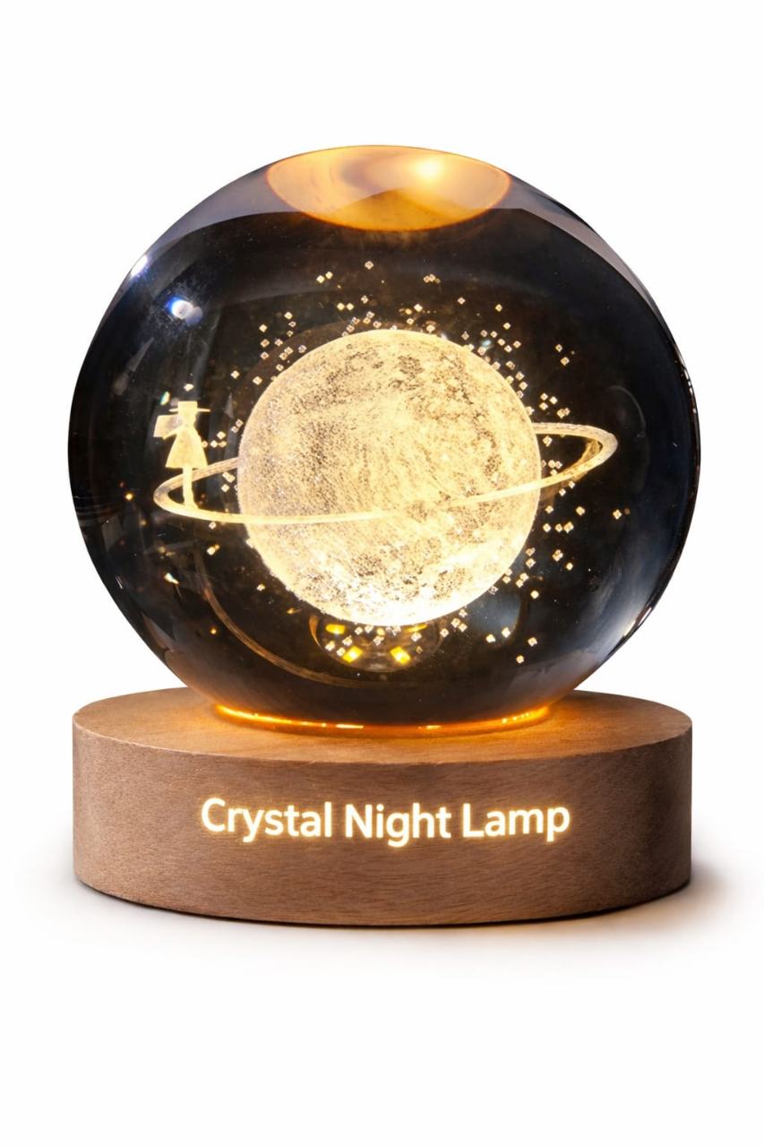 3D Crystal Planet Night Lamp with Wooden LED Base – Warm Glow Decorative Table Lamp for Bedroom, Living Room & Gift